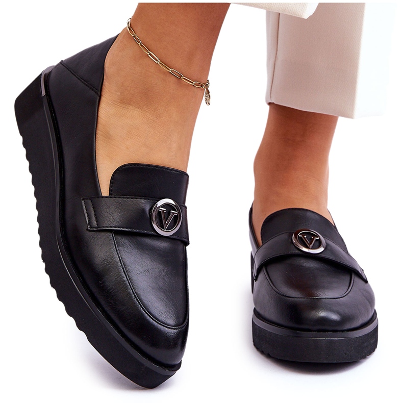 Vinceza Lågkil läder Loafers för kvinnor Svart Synthia