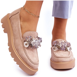 Vinceza Moderiktiga mockasiner i mocka med kristaller beige Demeris