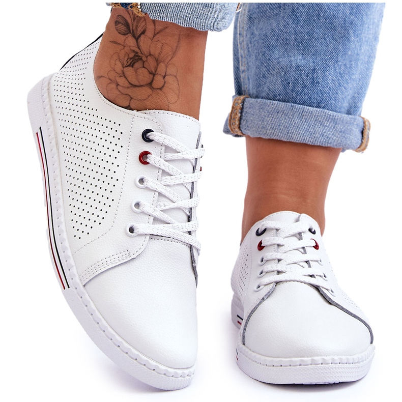 S.Barski Genombrutna lädersneakers för kvinnor Vit Ferone