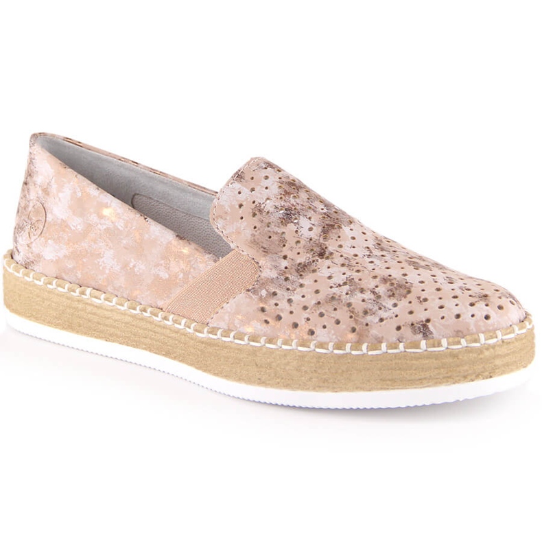 Bekväma kvinnor genombrutna rosa guld slip-on skor Rieker L7852-31 gyllene