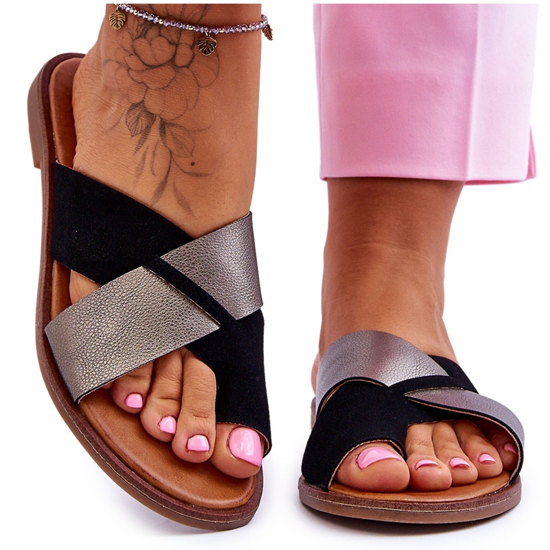 Klassiska lädertofflor för kvinnor, svart platina Nancy