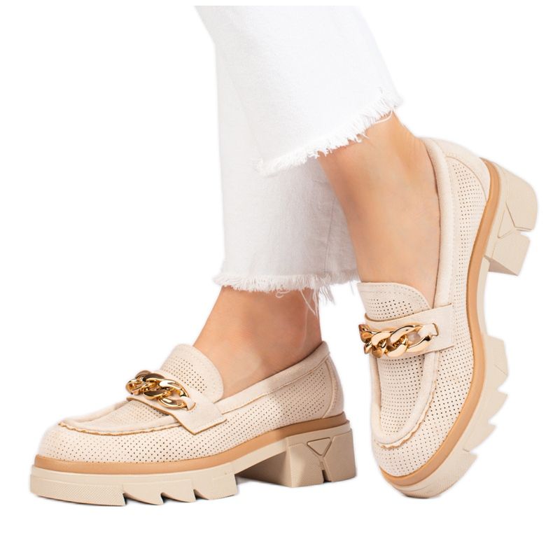 Shelovet loafers i mocka med kedja ljus beige