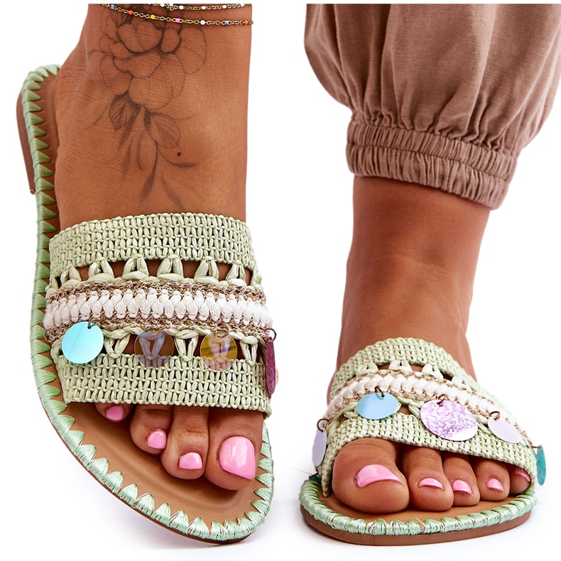 PS1 Kvinnors flätade utsmyckade tofflor Grön Millano