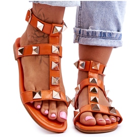 Lädersandaler för kvinnor med stora dubbar Orange Mishigan