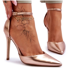 PG1 Högklackade pumpar med spetsig tå, roséguldreflektion rosa