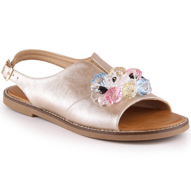 Platta metallsandaler för kvinnor med gyllene kristaller Vinceza 17238