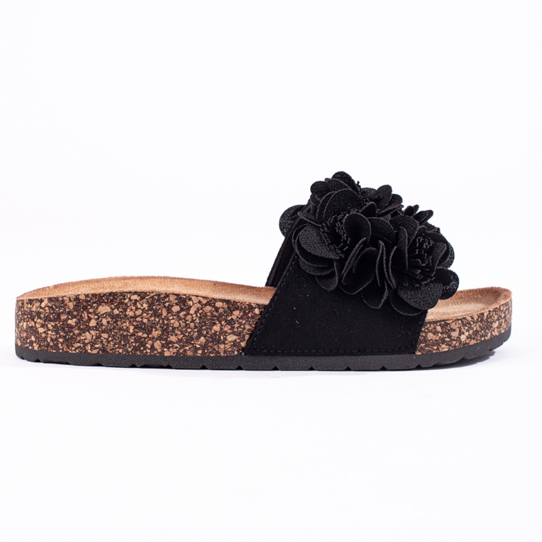 Shelovet svarta korktofflor med blommor