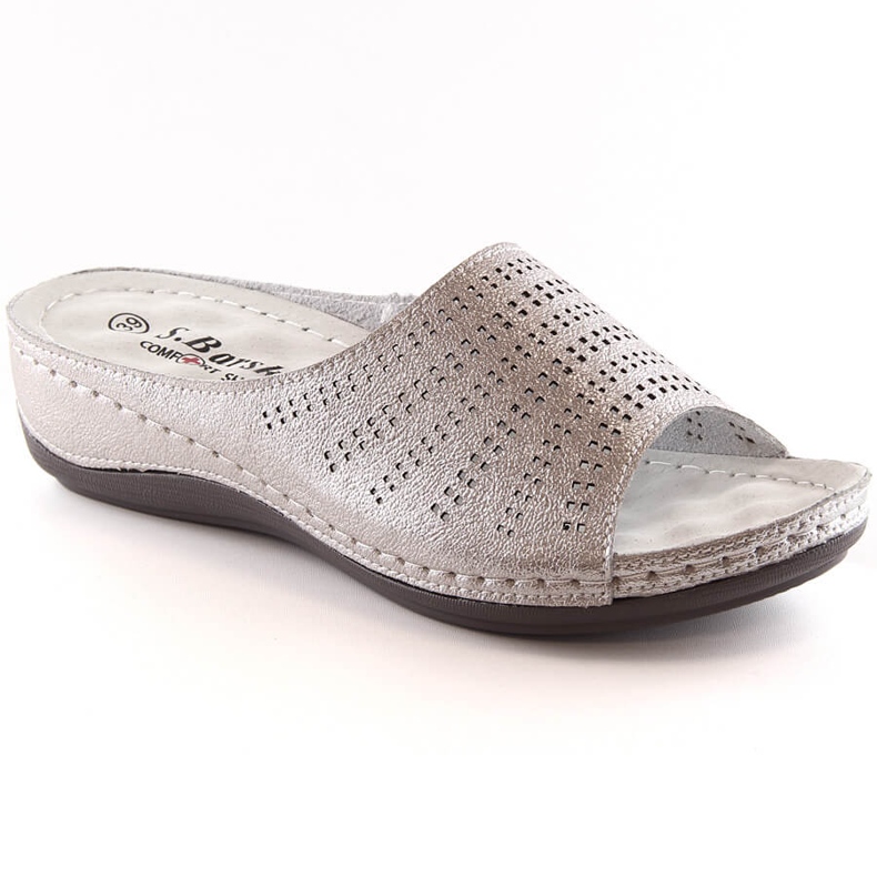 Kvinnors bekväma lädertofflor på kilen rosa guld S.Barski BN292 gyllene