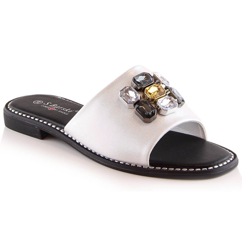 Platta bekväma vita tofflor för kvinnor med zirkoner S.Barski Kv 2775-31