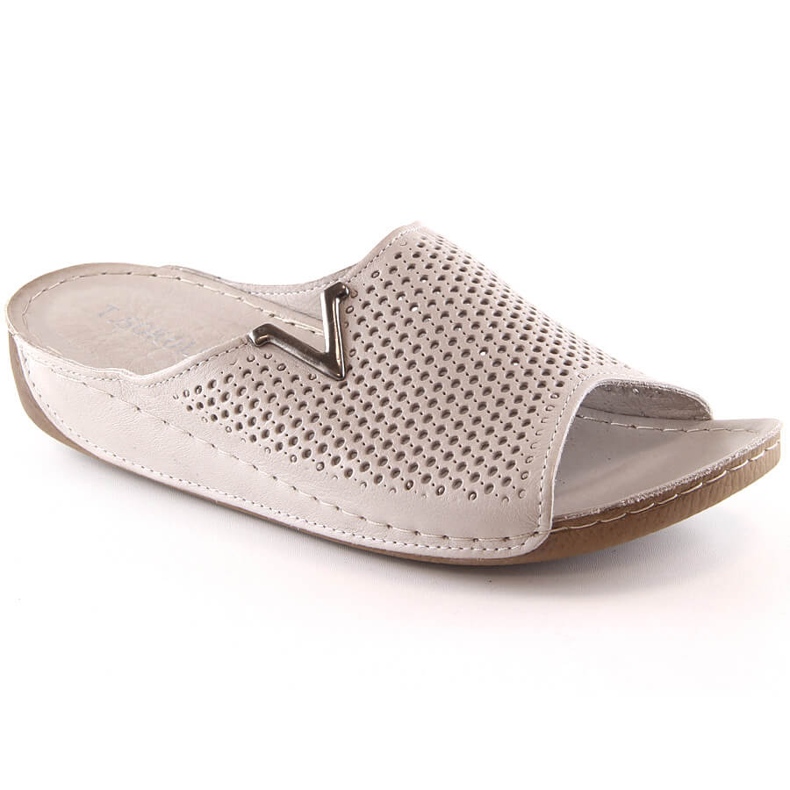 Genombrutna beige lädertofflor för kvinnor T.Sokolski L23-356