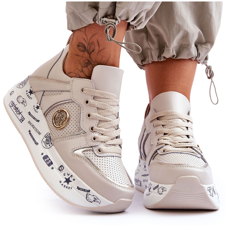 PE1 Sneakers i läder för kvinnor på en tjock plattform Beige Asturias
