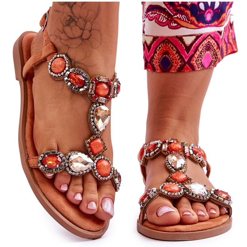 Orange Dallas Mocka Platta Sandaler Med Stenar