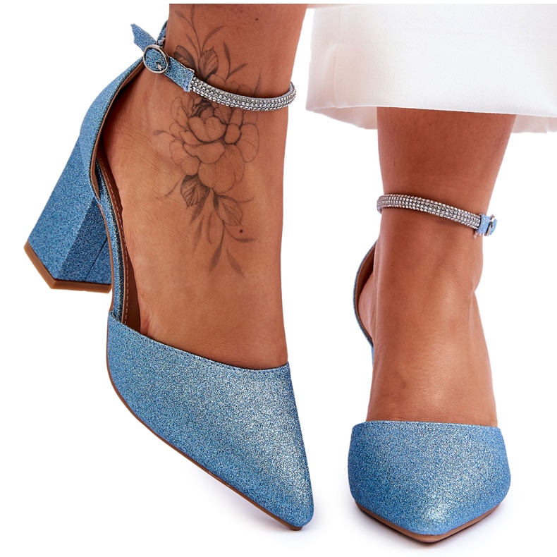 Eleganta Shiny Blue Magic Pumps med strass blå