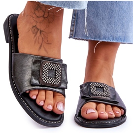 Lädertofflor för damer med strass S.Barski KV-2775-33 Mörk silver silver-