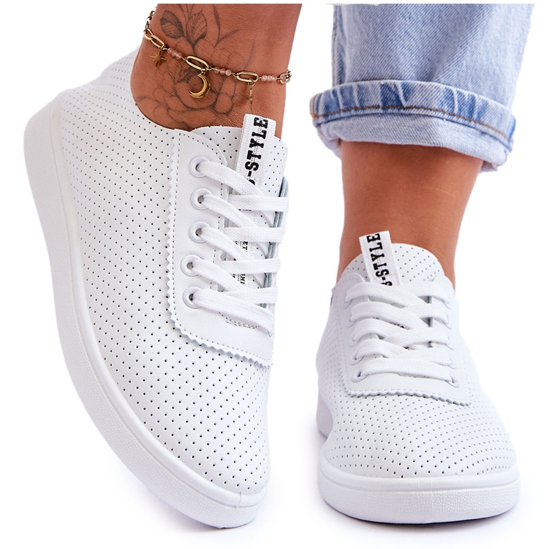Kvinnors OpenWork Lace -up White Sneakers vit