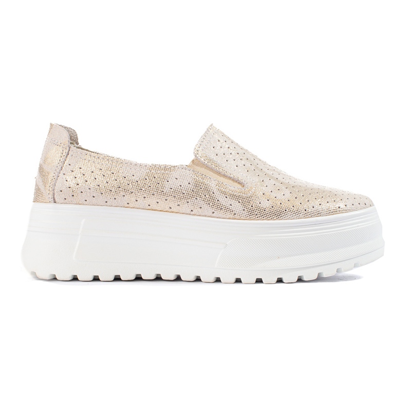 Kvinnors läder slip on guld skor Shelovet gyllene