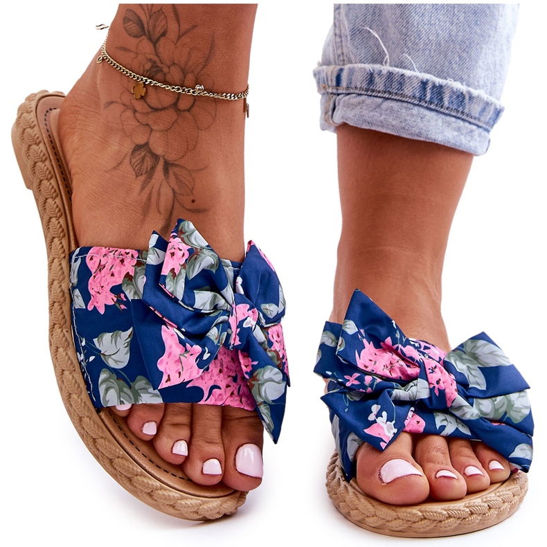 FK1 Kvinnors tofflor med tyg rosett Marinblå blomma