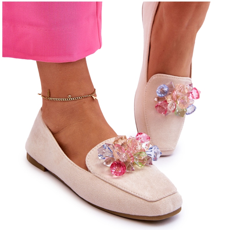 PS1 Mockasin i mocka med dekorativa kristaller beige Arvilla