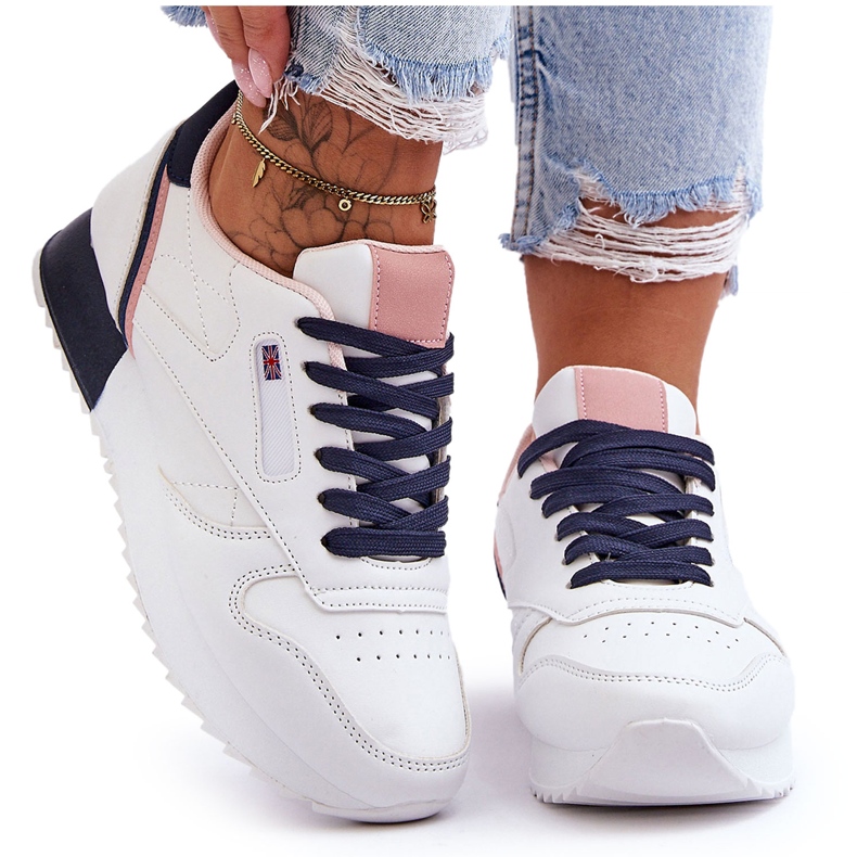 PM1 Merida White and Navy Lädersportskor med snörning i plattform vit