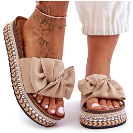 Damtofflor i mocka med rosett Beige Lauria