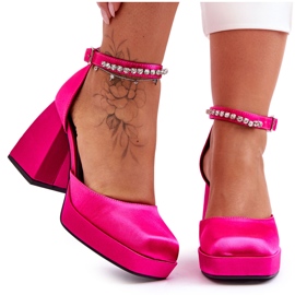 Fashionabla pumps på massiva klackar med zirkoner Fuchsia Adel rosa