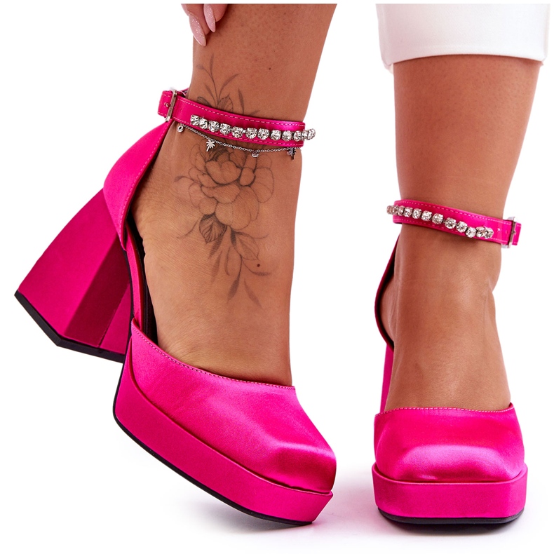 Fashionabla pumps på massiva klackar med zirkoner Fuchsia Adel rosa