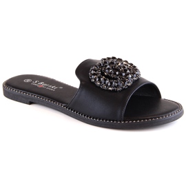 Platta bekväma tofflor för kvinnor med zirkoner svart S.Barski Kv 520-30