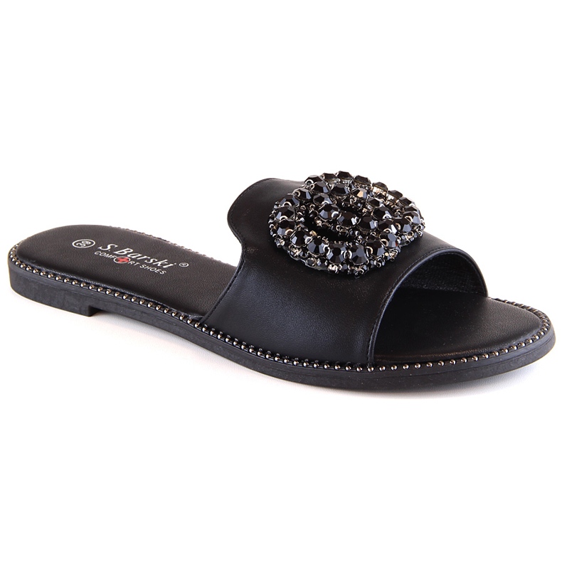 Platta bekväma tofflor för kvinnor med zirkoner svart S.Barski Kv 520-30