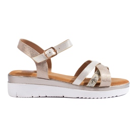 Bekväma sandaler på en lågkil Shelovet beige och guld gyllene