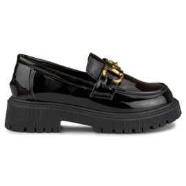 Lackade svarta dam loafers med dekoration