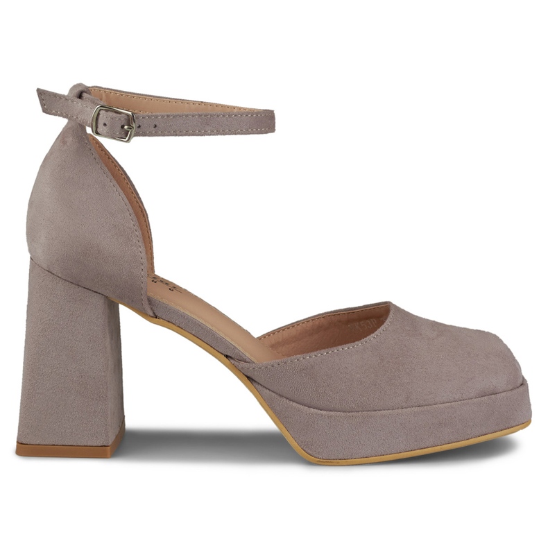 Pumps på bred häl fäst vid ankeln grå