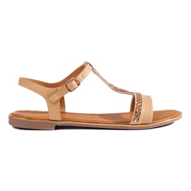 Platta beige damsandaler med Shelovet-kristaller