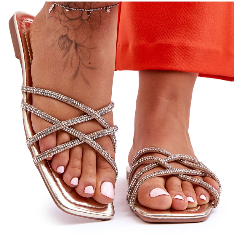 Damtofflor med ränder och strass Gyllene Leomi