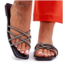 Damtofflor med ränder och strass Svart Leomi