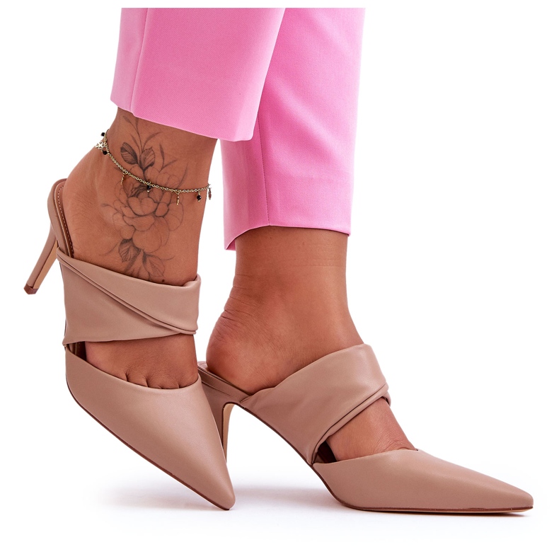 Inna Högklackade tofflor i läder Mörk Beige Aveline