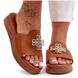 PG1 Lädertofflor för kvinnor med dekoration Brun Azera