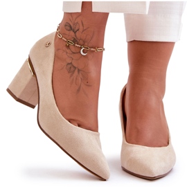 Klassiska mocka högklackade pumps med ljusbeige Derren-utsmyckning