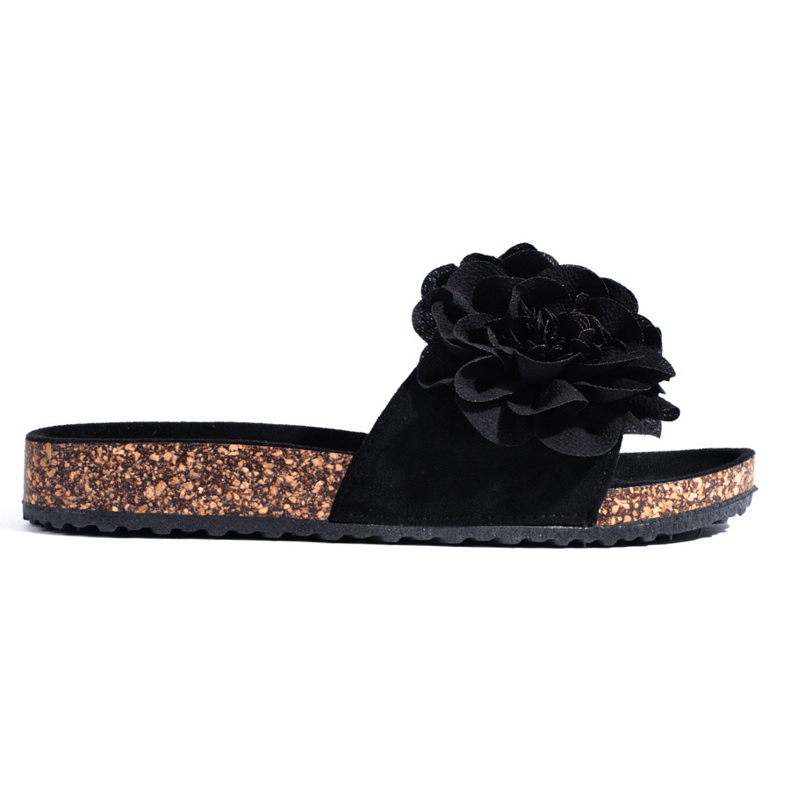 Shelovet svarta korksandaler med blommor