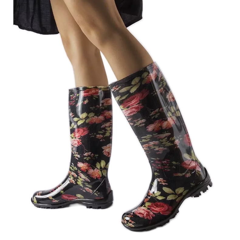 Svarta höga stövlar med Pimenrosor vit