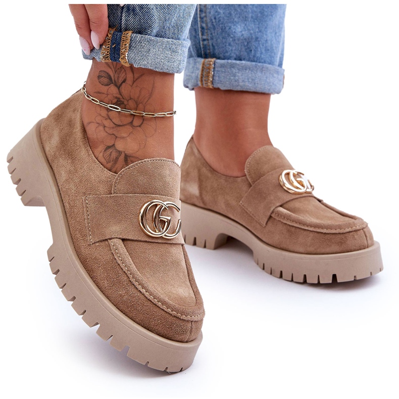 Laura Messi Damskor i mocka med beige Rosefalls-dekoration