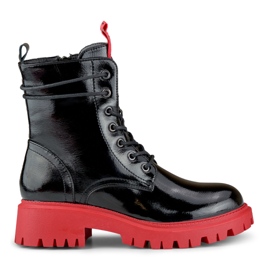 Lackade svarta arbetsstövlar för kvinnor med röd sula