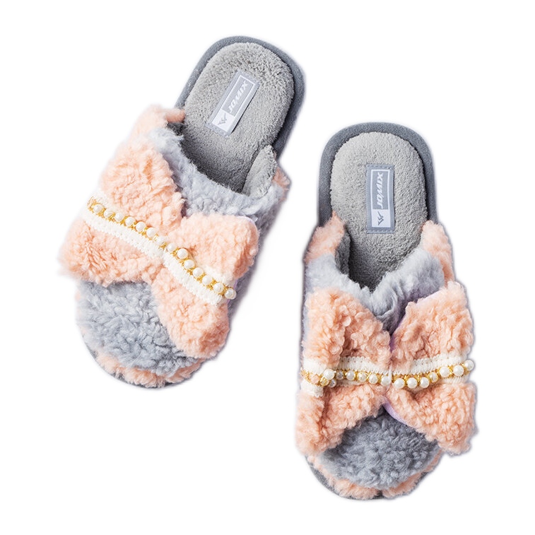 Grå och rosa tofflor med rosett