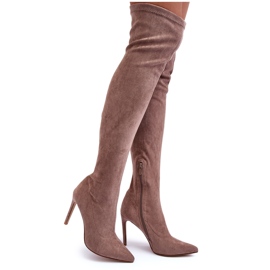 Beige Calfi mocka over-the-knee boots med hög klack