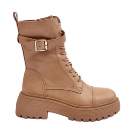Läderarbetarstövlar på platt klack med spänne, Beige Samivlo