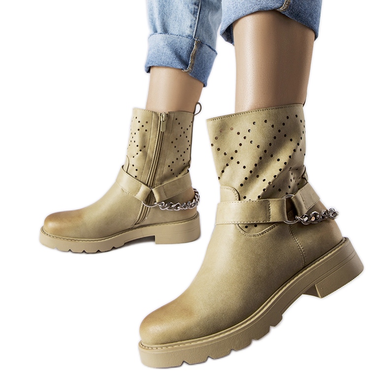Gröna genombrutna ankelboots med Procopio-kedja beige