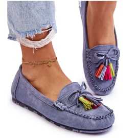Blå mockasin med rosett och lugg