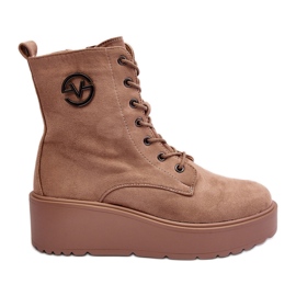 Vinceza Beige Mocka Worker Boots På En Massiv Plattform Kilar Beige Lavica