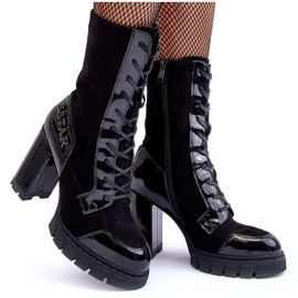 Ankelstövlar i läder med snörning på massiv hög klack, Black Khariah svart