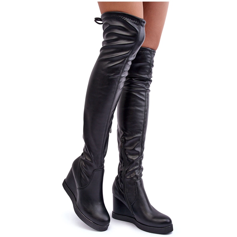 PS1 Svarta Ambre Läder Over-the-Knee Boots På En Kil