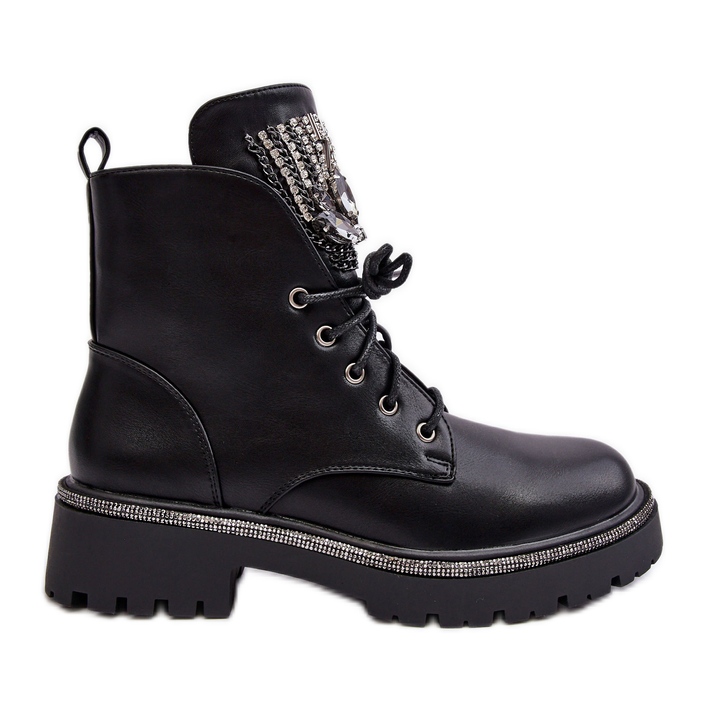 PS1 Svarta Melenope Low Worker Boots Med Smycken Dekoration